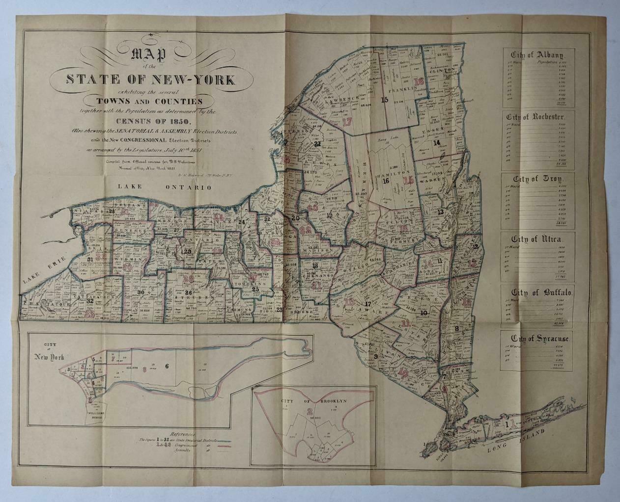 1851 Antique New York Map By Hayward W Town County Election Districts & Census