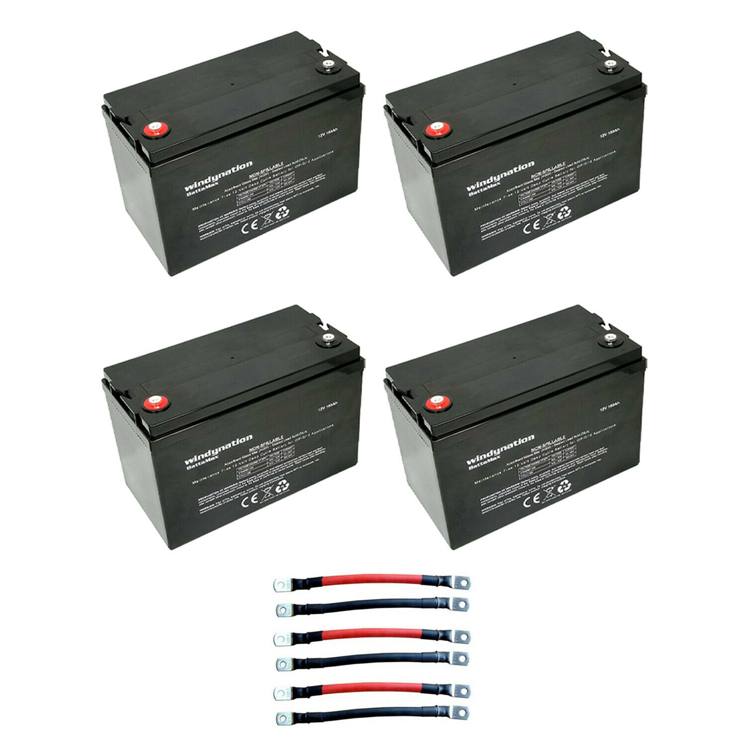 Windy Nation 12v 100 Ah Deep Cycle Solar Off Grid Battery With Cables (4 Pack)