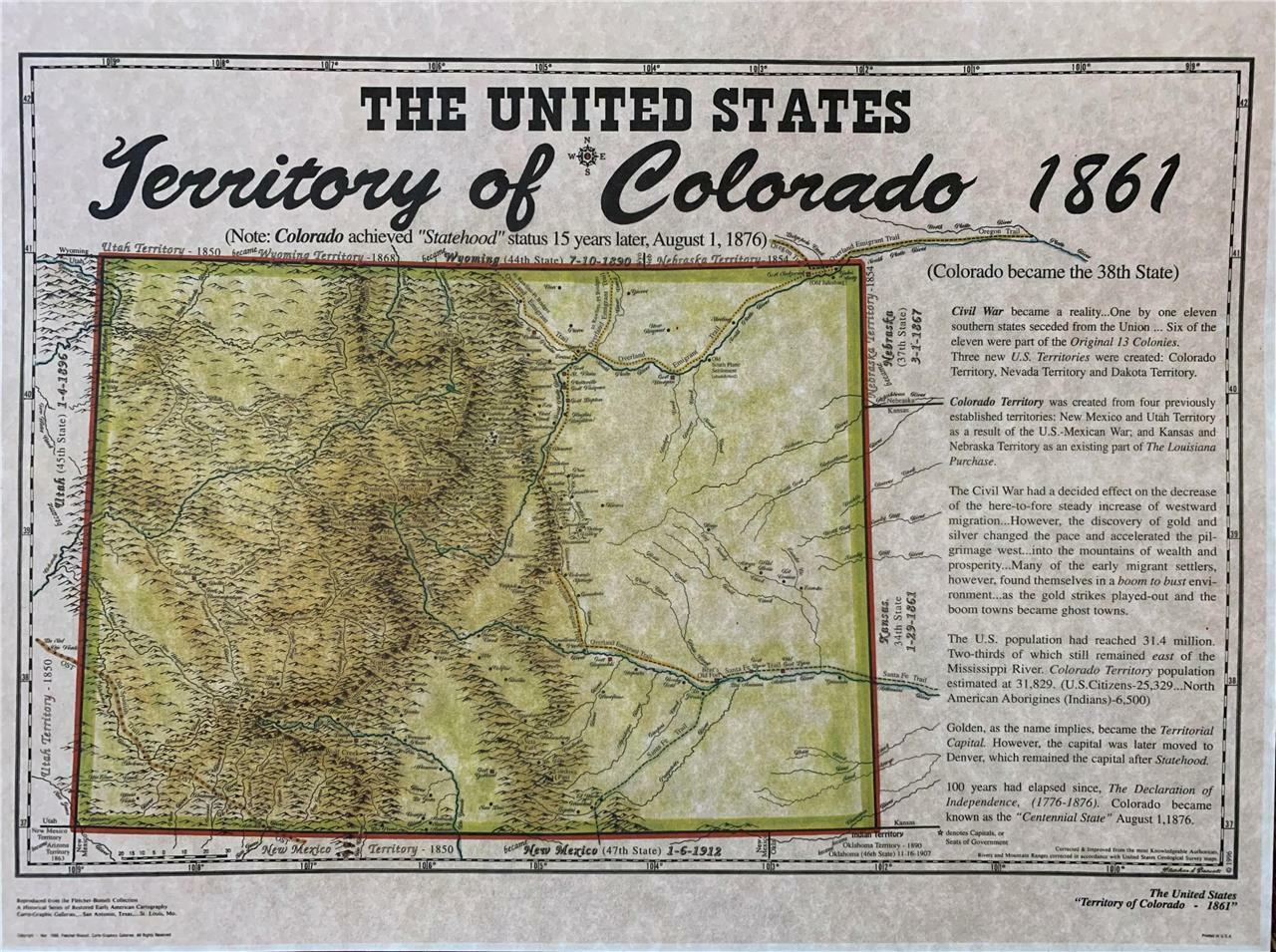 Territory Of Colorado 1861 Old Map, Historical Notes, Modern Print, Flag, Trails