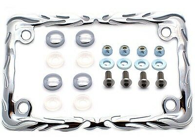 Chrome Flame Motorcycle License Plate Frame Kit Stainless Screws & Snap Caps