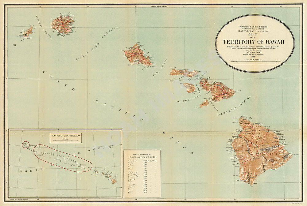 Map Of Territory Of Hawaii C1918 Vintage 24x36