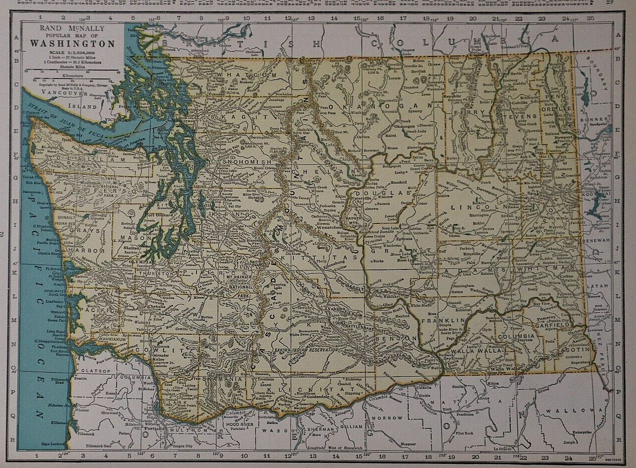 Old Vintage 1944 Rand Mcnally Atlas Map ~ Washington ~ Free S&h