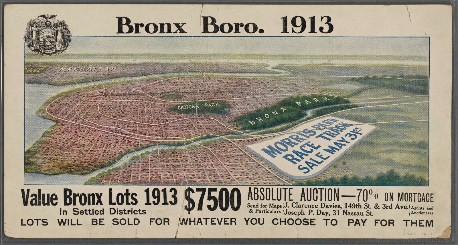 1913 Bird's Eye View Bronx Ny Morris Park Sale Race Track Copy Poster Map 30x36