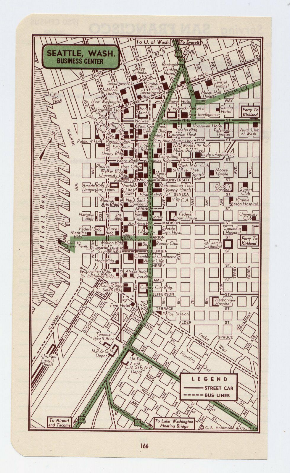 1951 Original Vintage Map Of Seattle Washington Downtown Business Center