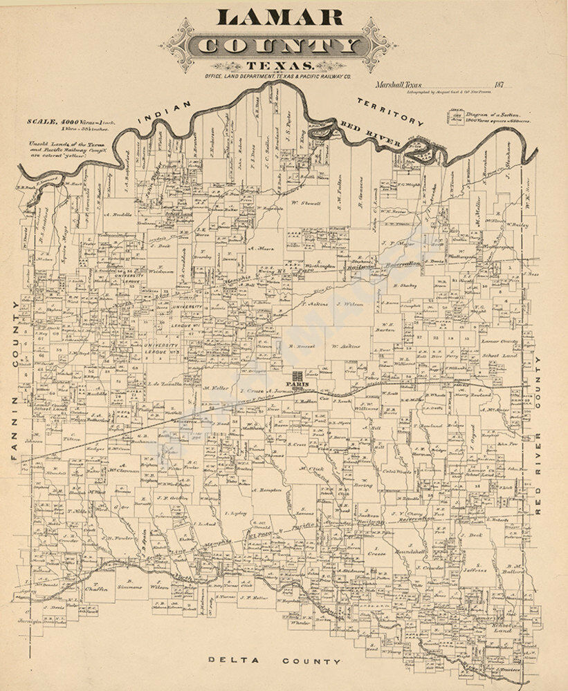 Map Of Lamar County Tx C1870s Repro 20x24