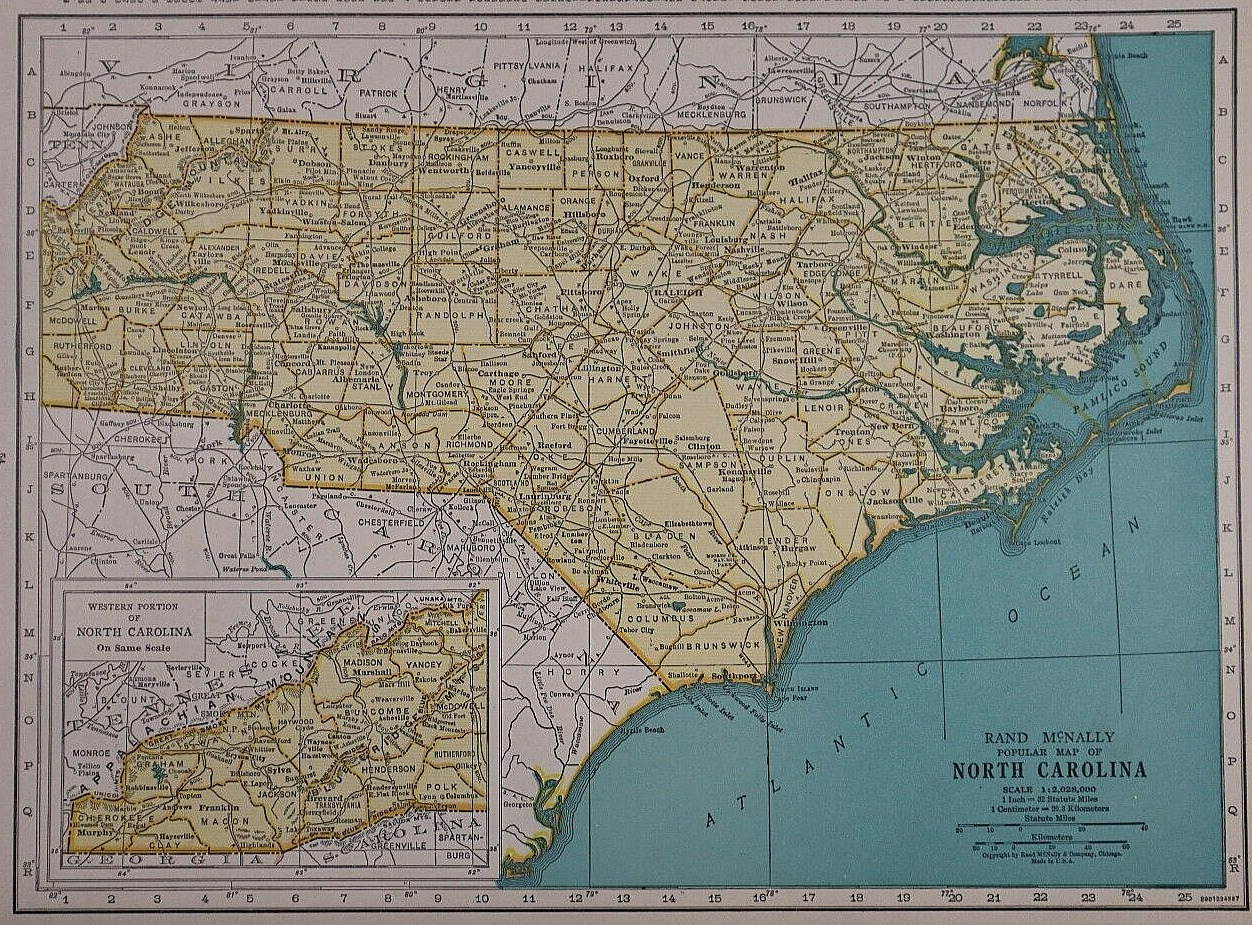 Old Vintage 1944 Rand Mcnally Atlas Map ~ North Carolina ~ Free S&h