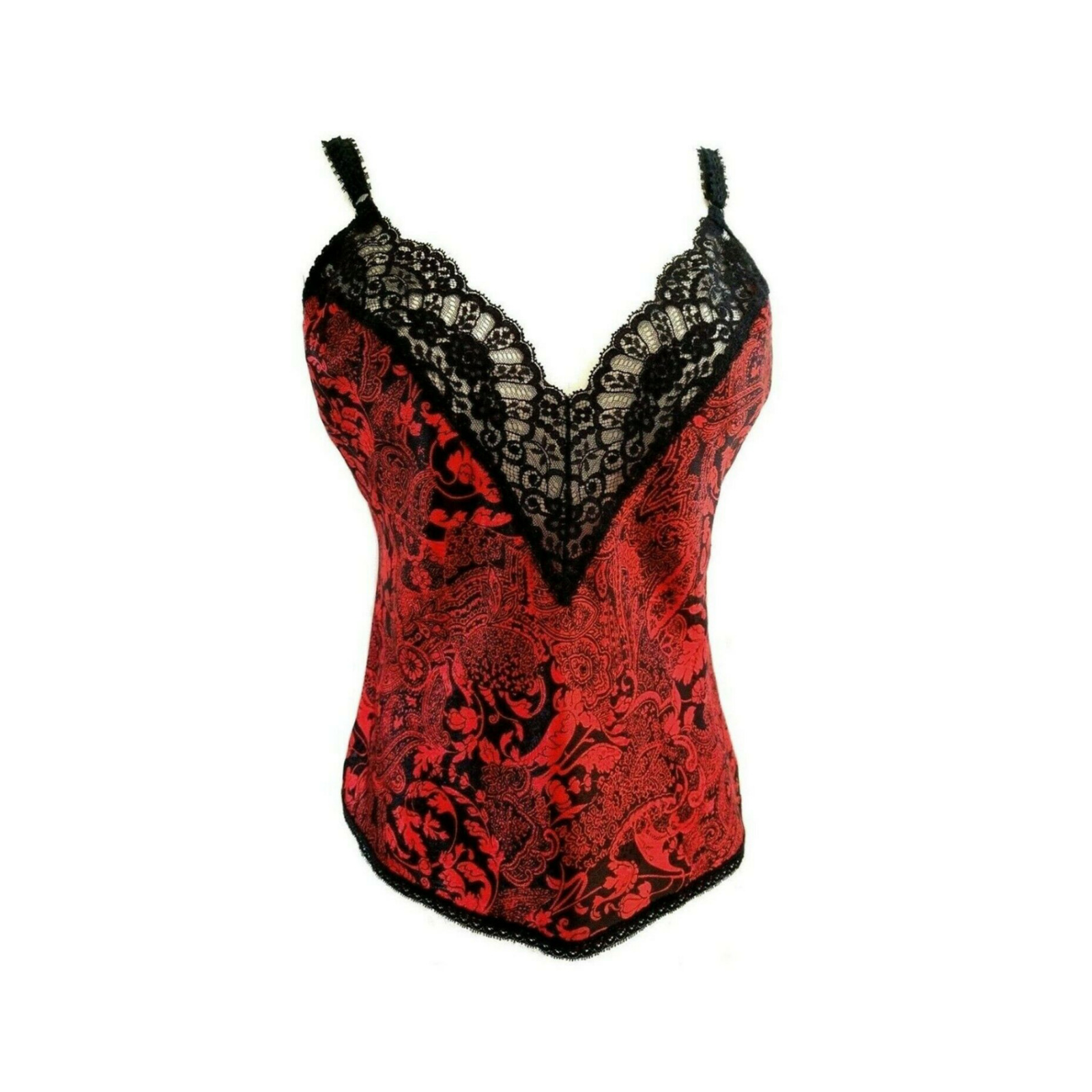 Farr West ~ Vtg 80s ~ M ~ Silky Glossy Floral Paisley Cami Camisole ~ Red Black